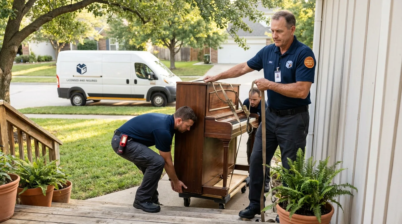 Licensed piano movers securing grand piano in Roodhouse, IL